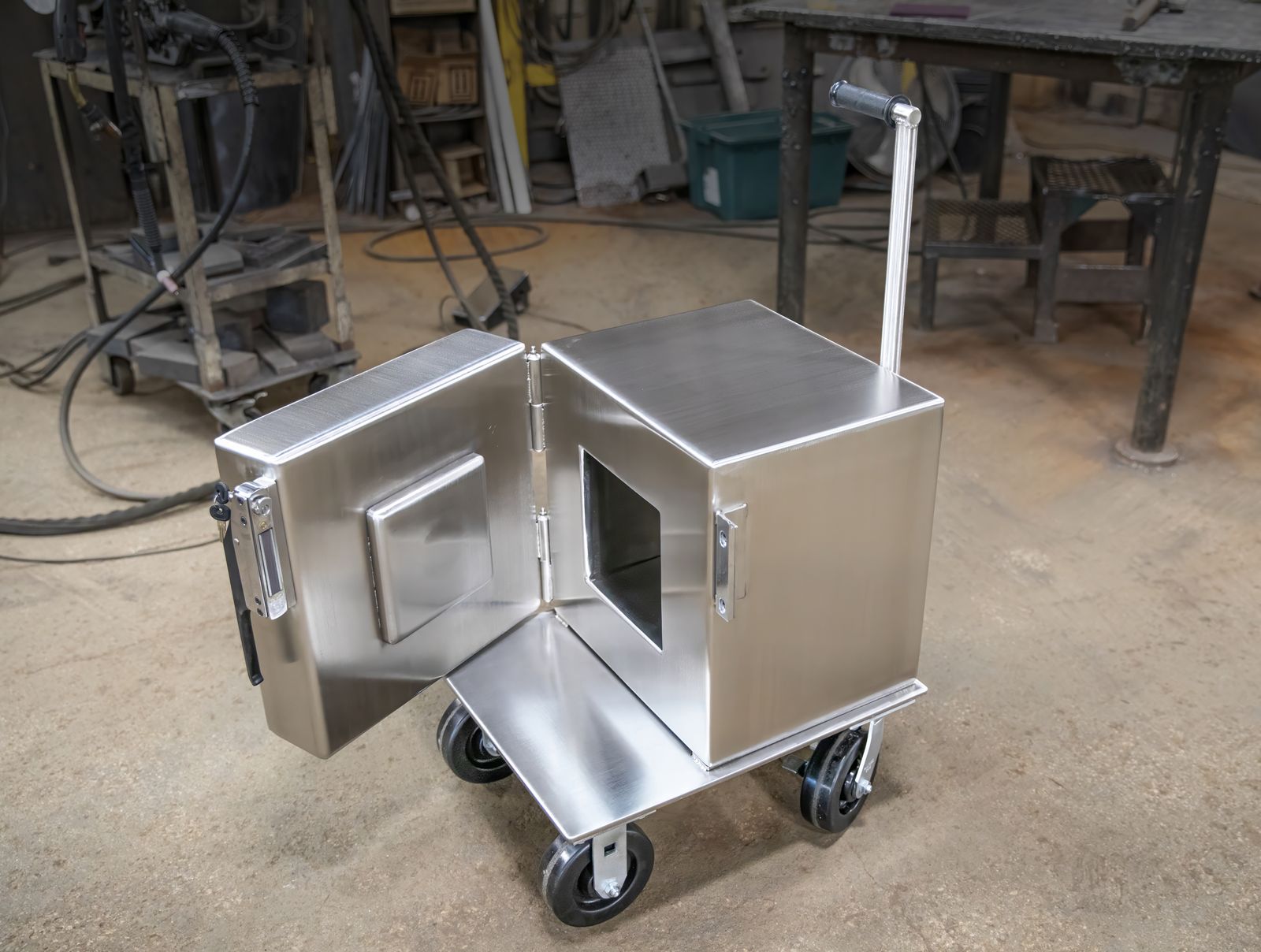 Stainless steel instrument cart, custom fabricated by Dan's Welding & Fabricating in Burlington